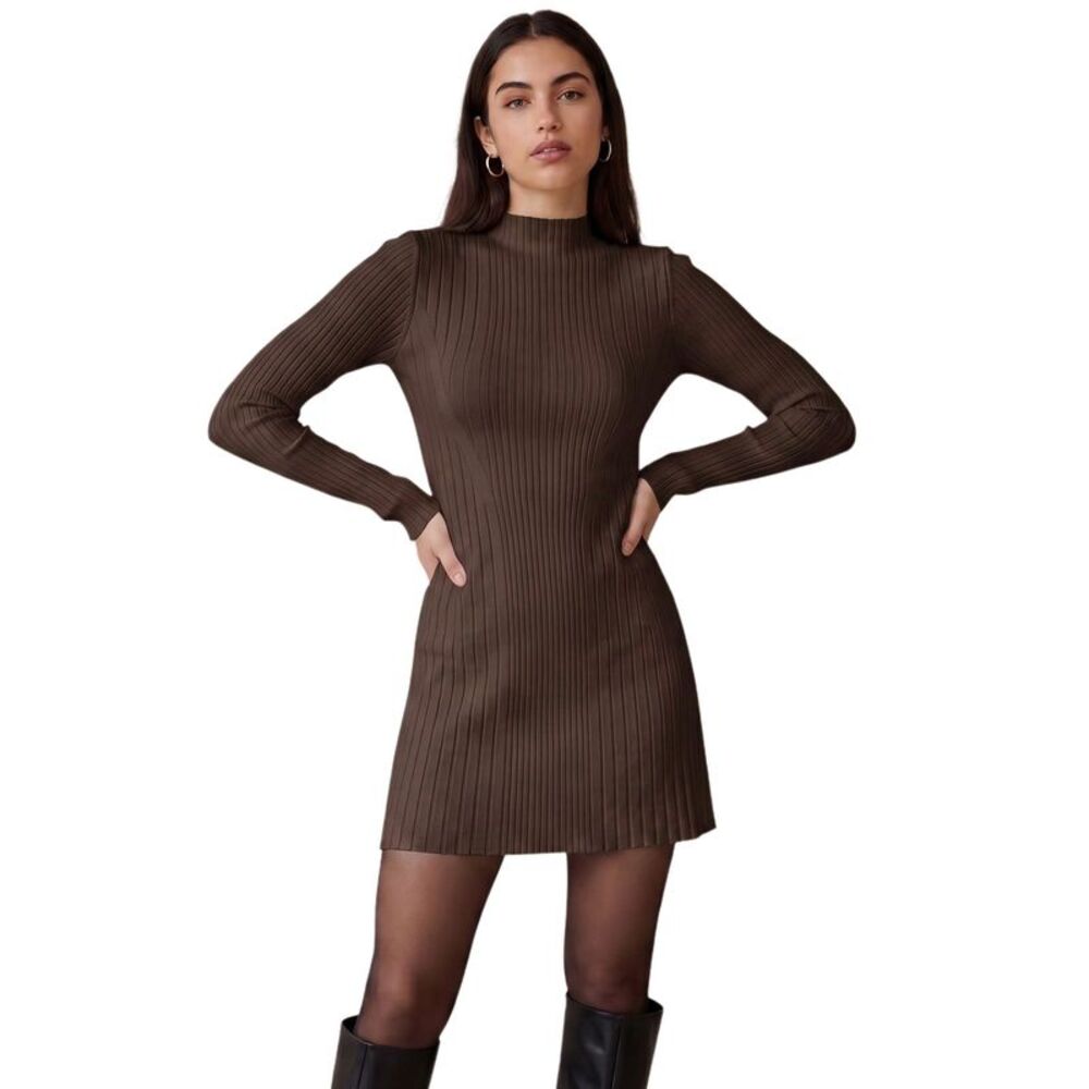 Women's Mock Neck Ribbed Knit Long Sleeve A-Line Mini Dress Brown